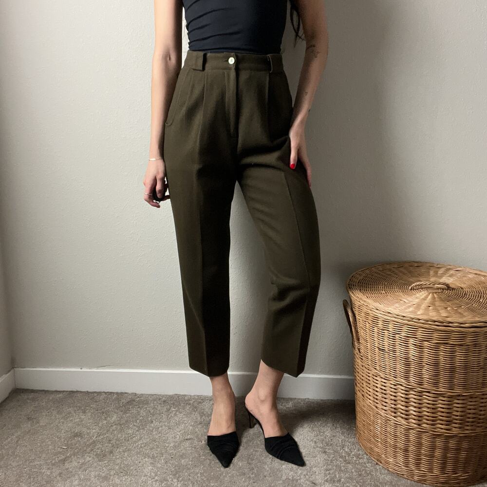 90s vintage moss green pure wool high waisted ankle cropped trousers pants